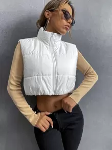 SHEIN Unity Áo khoác nữ mùa đông Dây kéo màu trơn Giải trí - trắng - Xem 3