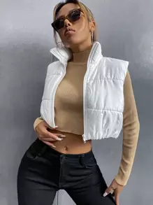 SHEIN Unity Áo khoác nữ mùa đông Dây kéo màu trơn Giải trí - trắng - Xem 4