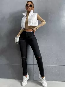 SHEIN Unity Áo khoác nữ mùa đông Dây kéo màu trơn Giải trí - trắng - Xem 5