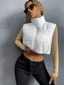 SHEIN Unity Áo khoác nữ mùa đông Dây kéo màu trơn Giải trí - trắng - Xem 6