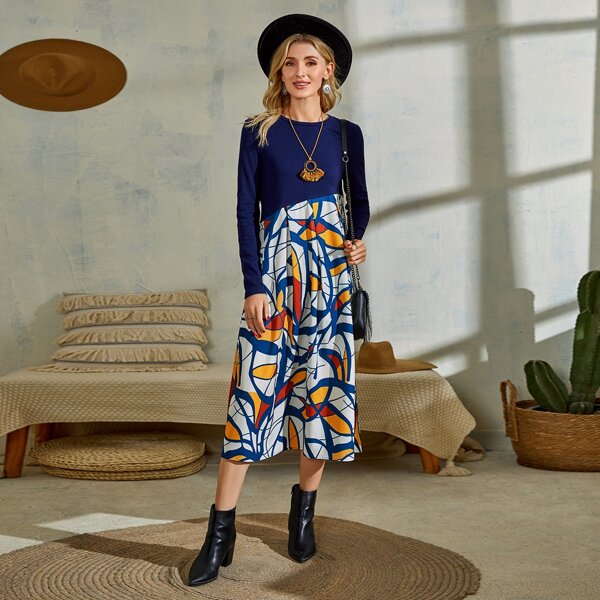 

Graphic Print Colorblock Dress, Multicolor