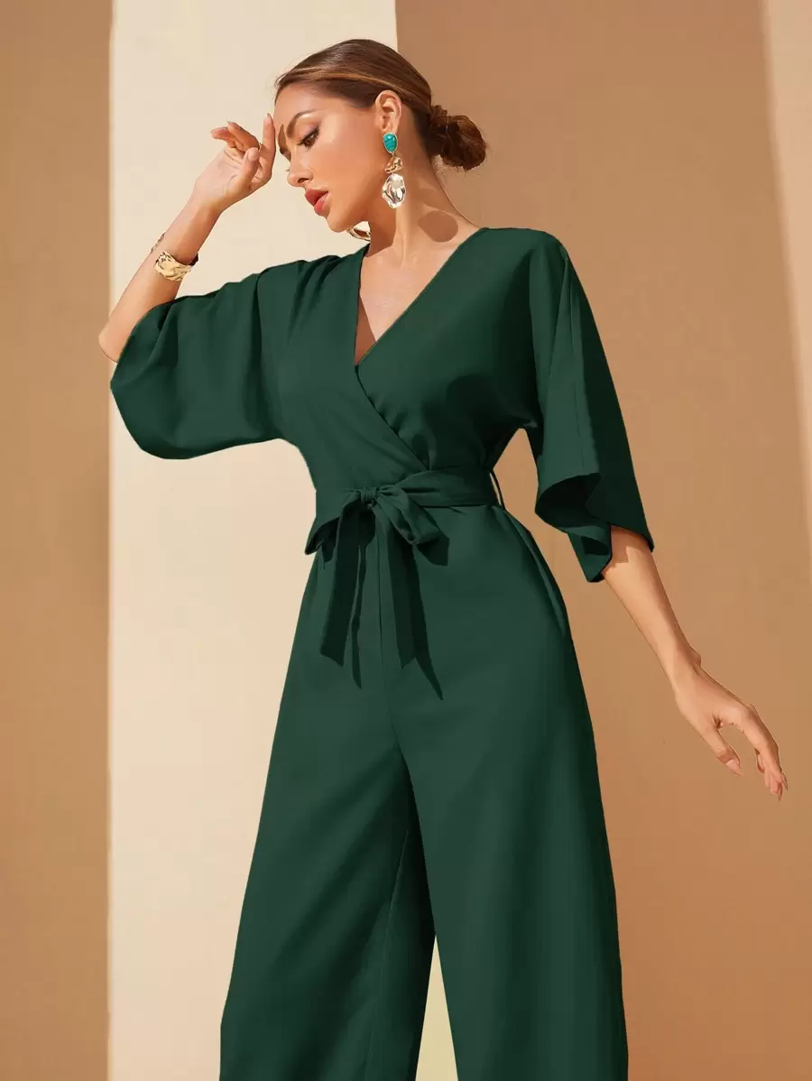 Mulvari Surplice Front Belted Wide Leg Jumpsuit - Dark Green - View 1