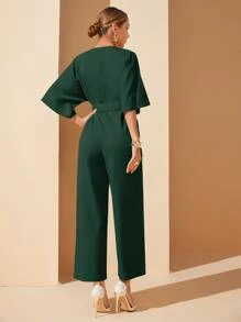 Mulvari Surplice Front Belted Wide Leg Jumpsuit - Dark Green - View 2