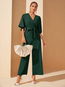 Mulvari Surplice Front Belted Wide Leg Jumpsuit - Dark Green - View 4