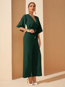 Mulvari Surplice Front Belted Wide Leg Jumpsuit - Dark Green - View 5
