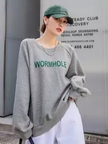 DAZY Letter Graphic Raglan Sleeve Thermal Sweatshirt,Fall Clothes - Grey - View 1