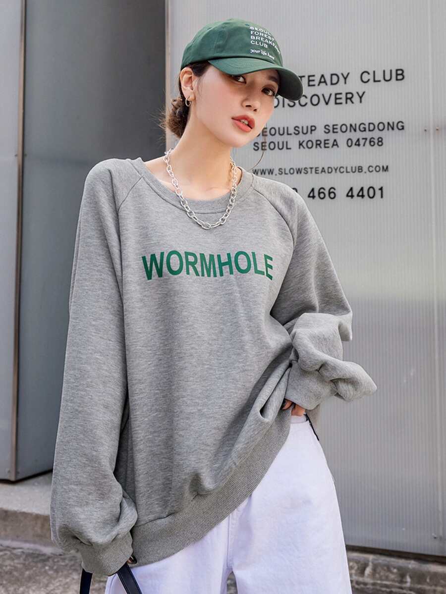 DAZY Letter Graphic Raglan Sleeve Thermal Sweatshirt,Fall Clothes - Grey - View 1