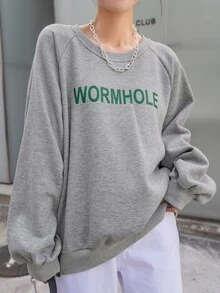 DAZY Letter Graphic Raglan Sleeve Thermal Sweatshirt,Fall Clothes - Grey - View 3