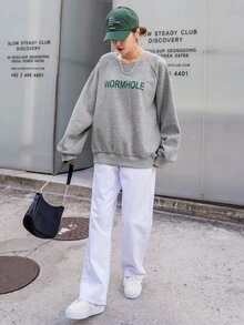 DAZY Letter Graphic Raglan Sleeve Thermal Sweatshirt,Fall Clothes - Grey - View 4