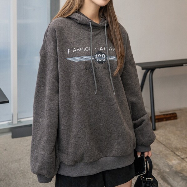 

Letter Graphic Drop Shoulder Drawstring Thermal Hoodie, Dark grey
