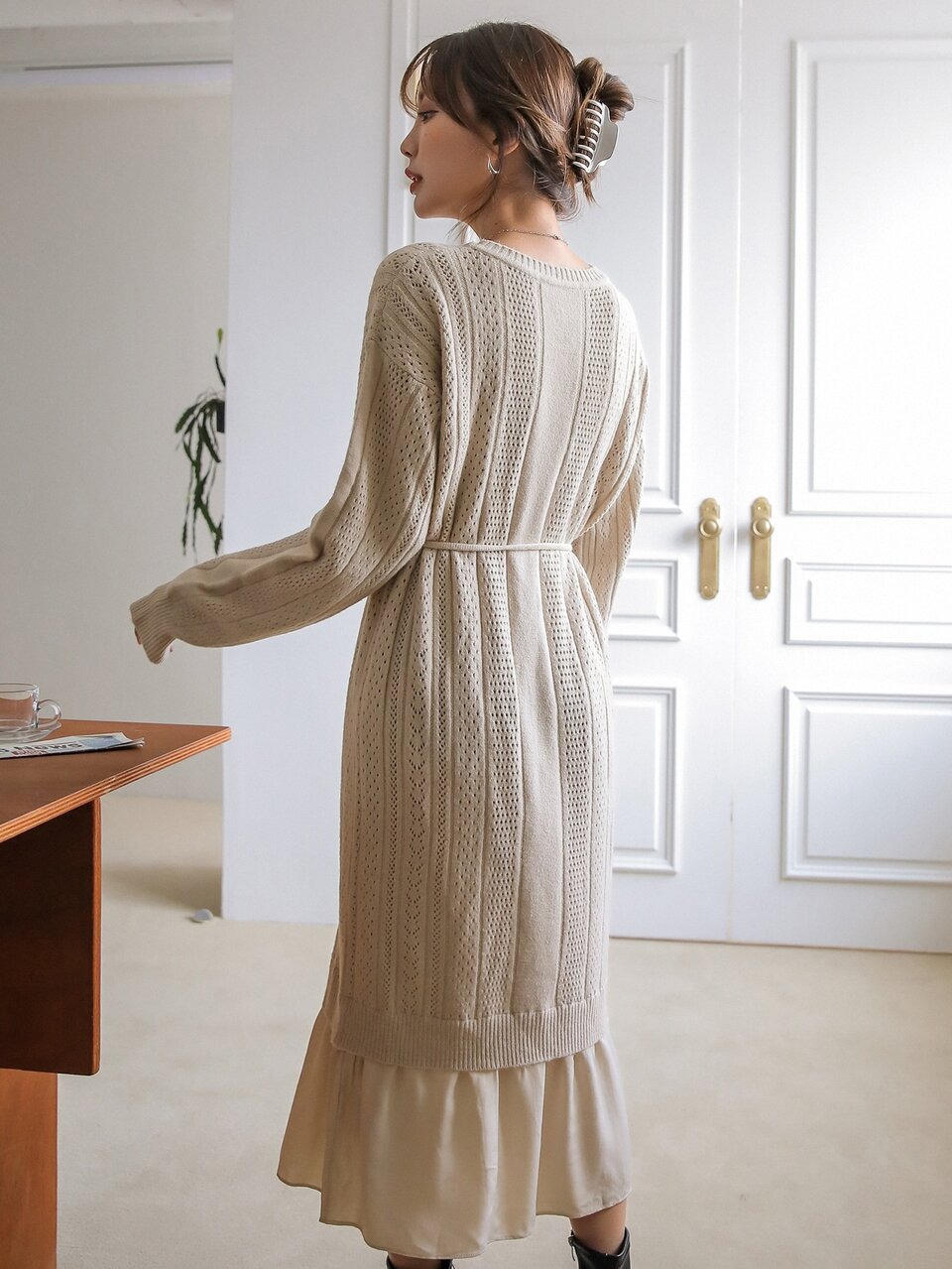 Pointelle Knit Drop Shoulder Belted Sweater Dress