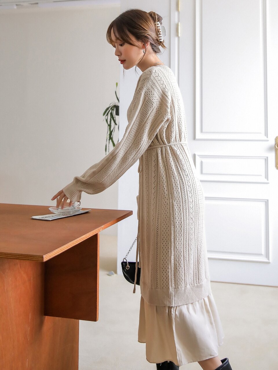 Pointelle Knit Drop Shoulder Belted Sweater Dress