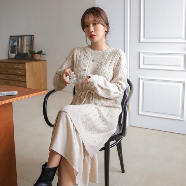 

Pointelle Knit Drop Shoulder Belted Sweater Dress, Beige