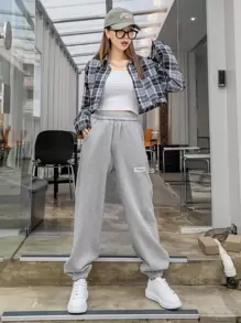 DAZY Túi nghiêng Chi tiết vá Lót nhiệt Quần thể thao - Xám - Xem 5