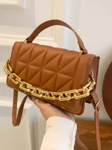 鏈條裝飾紋理質感方包 - 棕色 - 查看 1