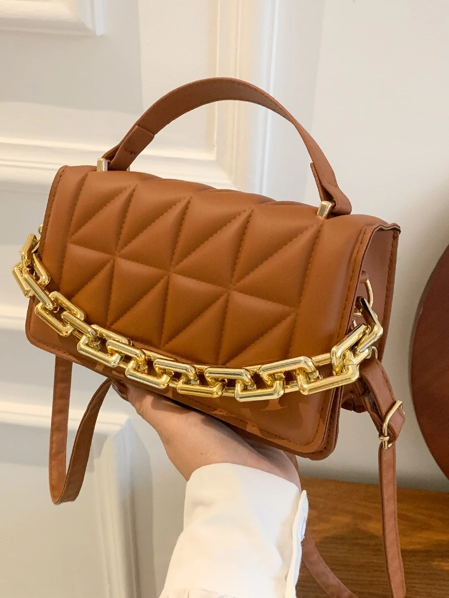 鏈條裝飾紋理質感方包 - 棕色 - 查看 1