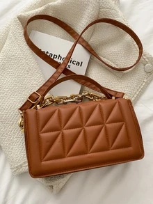 鏈條裝飾紋理質感方包 - 棕色 - 查看 2