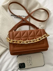 鏈條裝飾紋理質感方包 - 棕色 - 查看 3