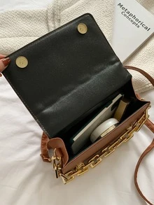 鏈條裝飾紋理質感方包 - 棕色 - 查看 4