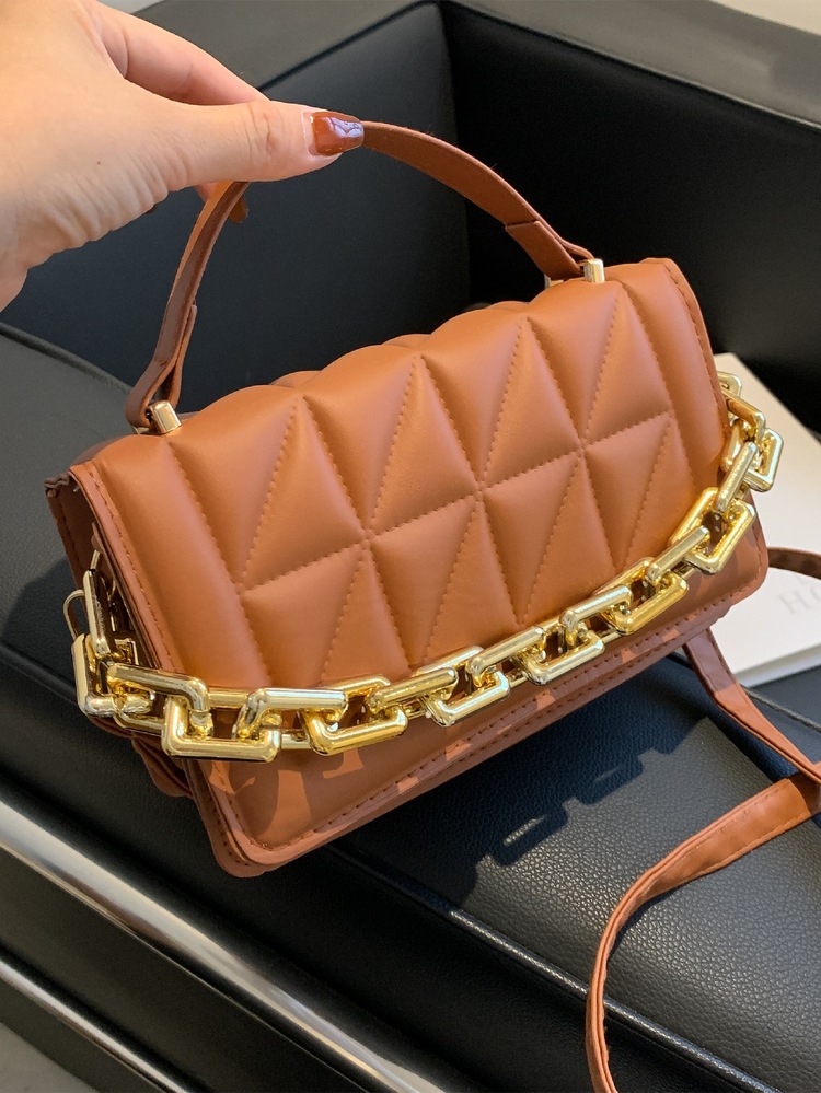 鏈條裝飾紋理質感方包 - 棕色 - 查看 6