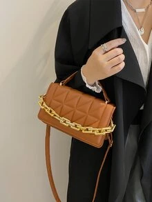 鏈條裝飾紋理質感方包 - 棕色 - 查看 5