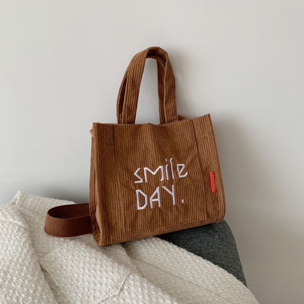 

Corduroy Letter Graphic Square Bag, Brown