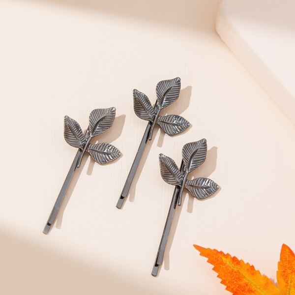 

3pcs Leaf Decor Hair Clip, Dark grey