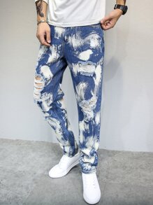 Men Ripped Brush Stroke Jeans - Blue and White - View 1