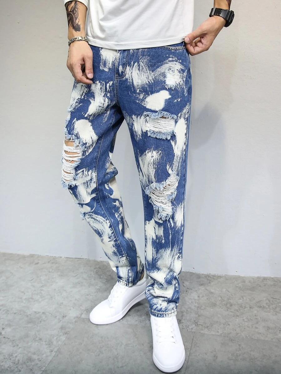 Men Ripped Brush Stroke Jeans - Blue and White - View 1