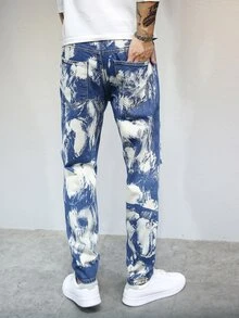 Men Ripped Brush Stroke Jeans - Blue and White - View 2