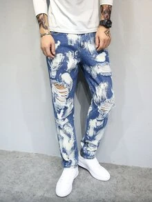 Men Ripped Brush Stroke Jeans - Blue and White - View 3