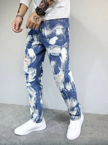 Men Ripped Brush Stroke Jeans - Blue and White - View 4