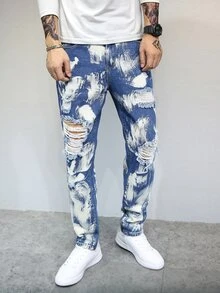 Men Ripped Brush Stroke Jeans - Blue and White - View 5