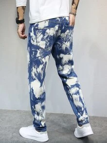 Men Ripped Brush Stroke Jeans - Blue and White - View 6