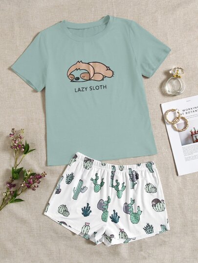 Sloth And Letter Graphic Tee & Shorts PJ Set / Pajama Set