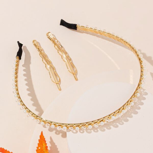 

Faux Pearl Decor Headband & 2pcs Hair Clip, Gold