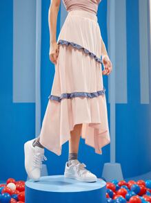 Melani Contrast Ruffle Trim Hanky Hem Skirt - Baby Pink - View 1