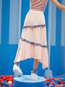 Melani Contrast Ruffle Trim Hanky Hem Skirt - Baby Pink - View 2