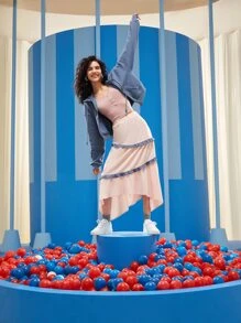 Melani Contrast Ruffle Trim Hanky Hem Skirt - Baby Pink - View 3