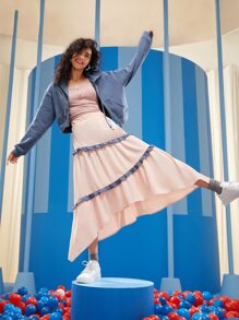 Melani Contrast Ruffle Trim Hanky Hem Skirt - Baby Pink - View 4