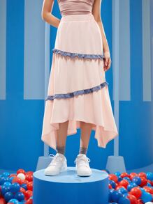 Melani Contrast Ruffle Trim Hanky Hem Skirt - Baby Pink - View 5