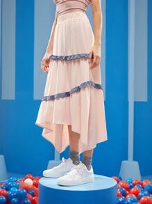 Melani Contrast Ruffle Trim Hanky Hem Skirt - Baby Pink - View 6