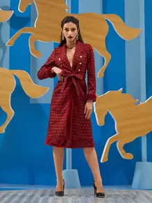 Waad Krali Geo Print Teddy Panel Belted Coat - Burgundy - View 1