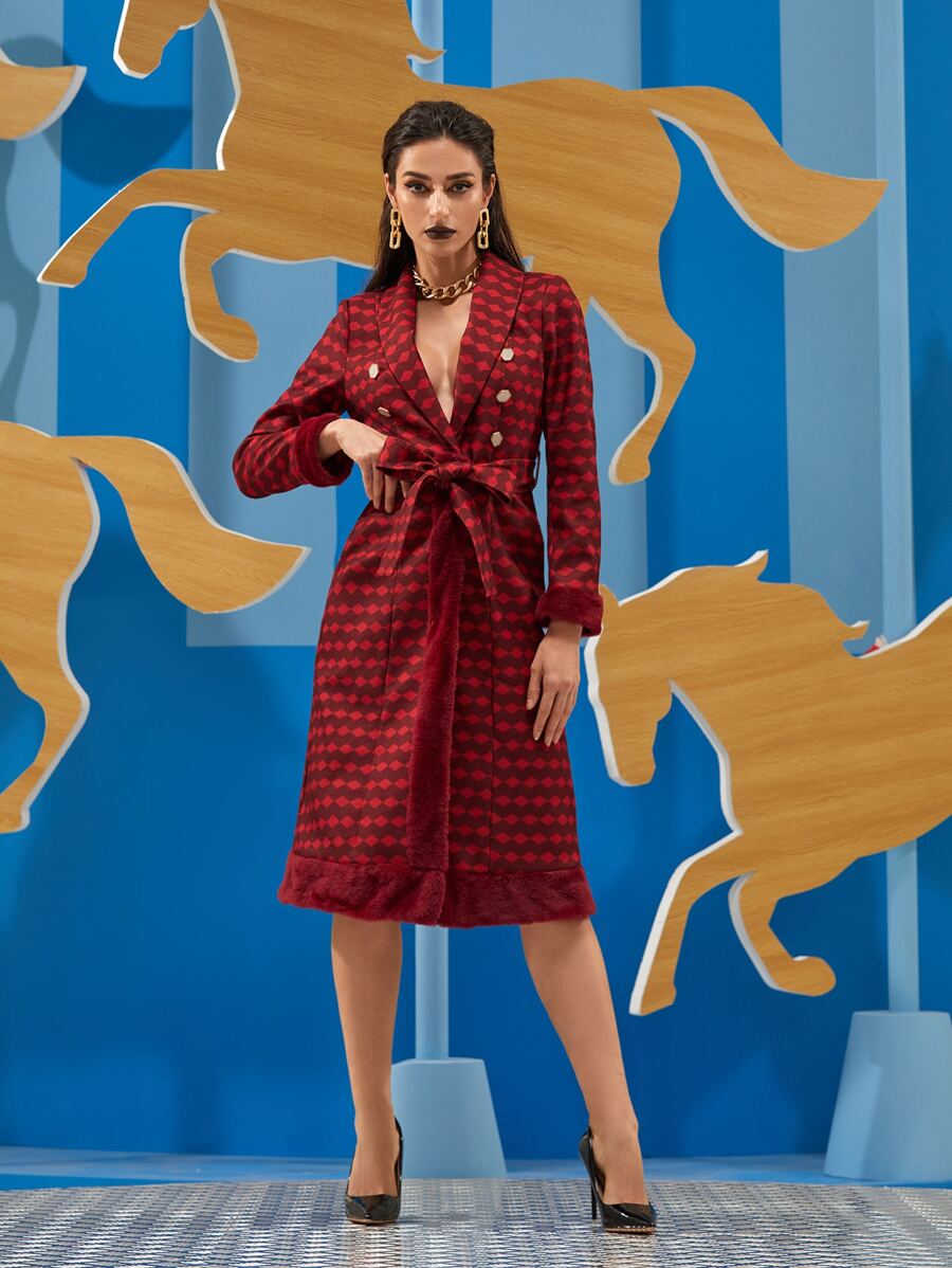 Waad Krali Geo Print Teddy Panel Belted Coat - Burgundy - View 1