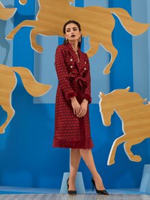 Waad Krali Geo Print Teddy Panel Belted Coat - Burgundy - View 4