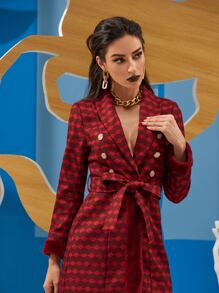 Waad Krali Geo Print Teddy Panel Belted Coat - Burgundy - View 5