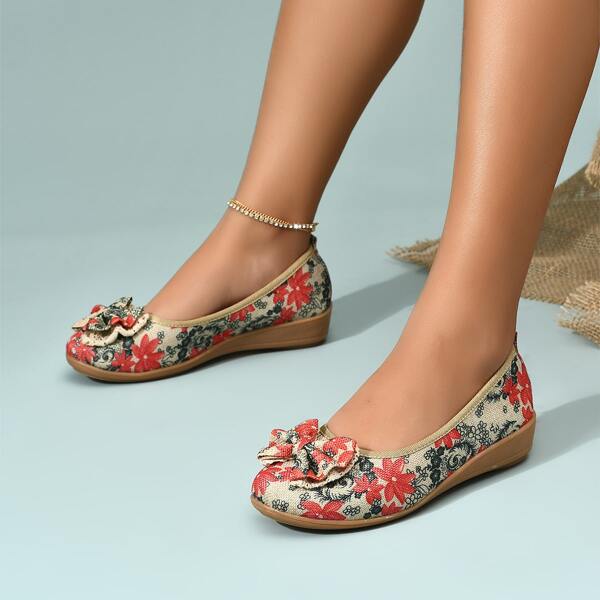 

Bow Decor Floral Graphic Flats, Multicolor