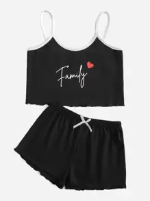 Niñas Conjunto de pijama con estampado de letra y corazón ribete en forma de lechuga unido en contraste - Negro - Ver 1