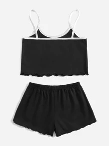 Niñas Conjunto de pijama con estampado de letra y corazón ribete en forma de lechuga unido en contraste - Negro - Ver 2