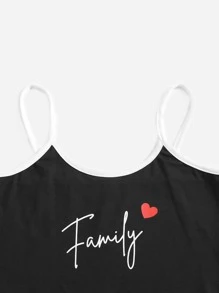 Niñas Conjunto de pijama con estampado de letra y corazón ribete en forma de lechuga unido en contraste - Negro - Ver 3